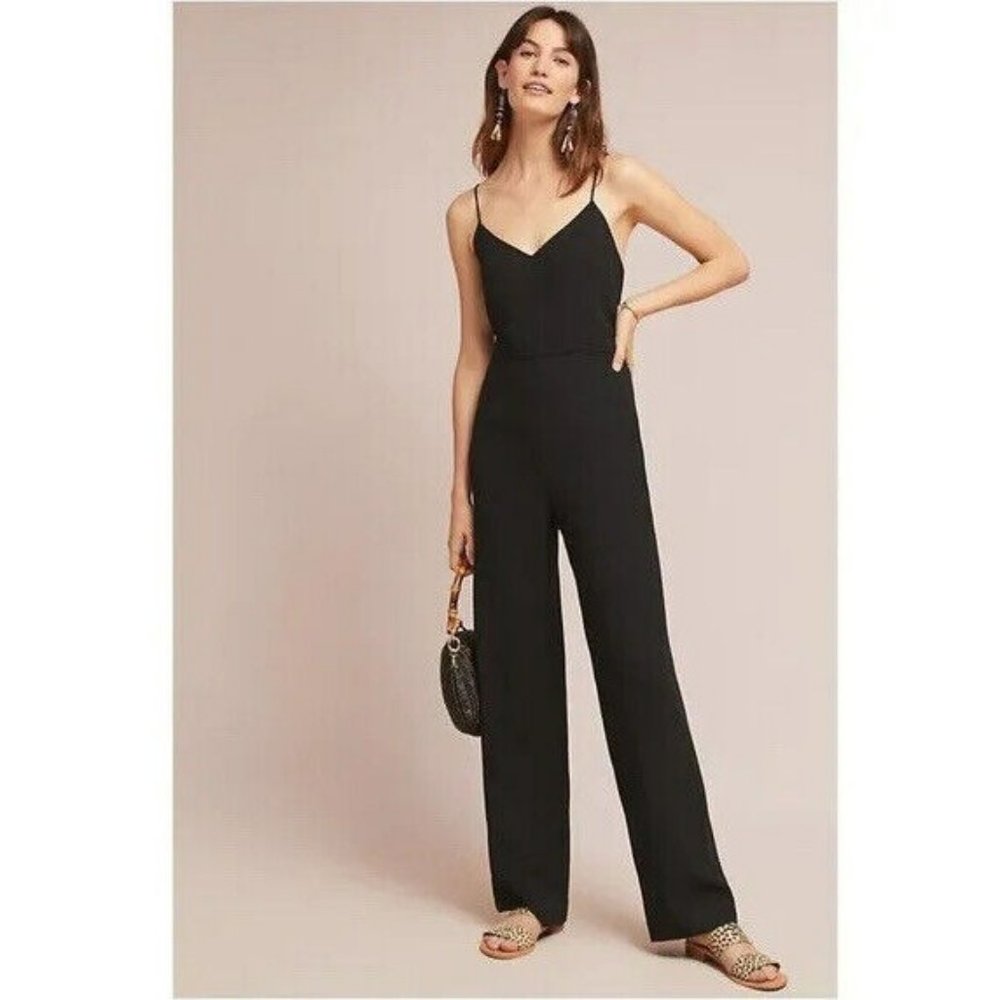 The Essential Slim By Anthropologie Size 12  Black Spaghetti Flared Leg Jumpsuit